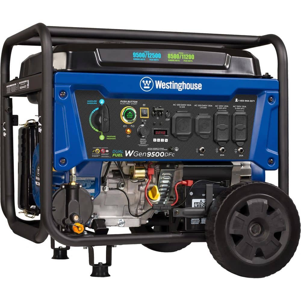 Westinghouse 12,500/9,500-Watt Remote Electric Start Dual Fuel Gas and Propane Powered Portable Generator w/ 50 Amp Outlet, CO Sensor WGen9500DFc