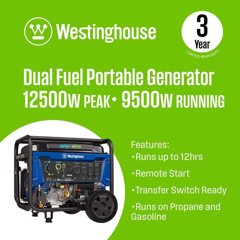 Westinghouse 12,500/9,500-Watt Remote Electric Start Dual Fuel Gas and Propane Powered Portable Generator w/ 50 Amp Outlet, CO Sensor WGen9500DFc